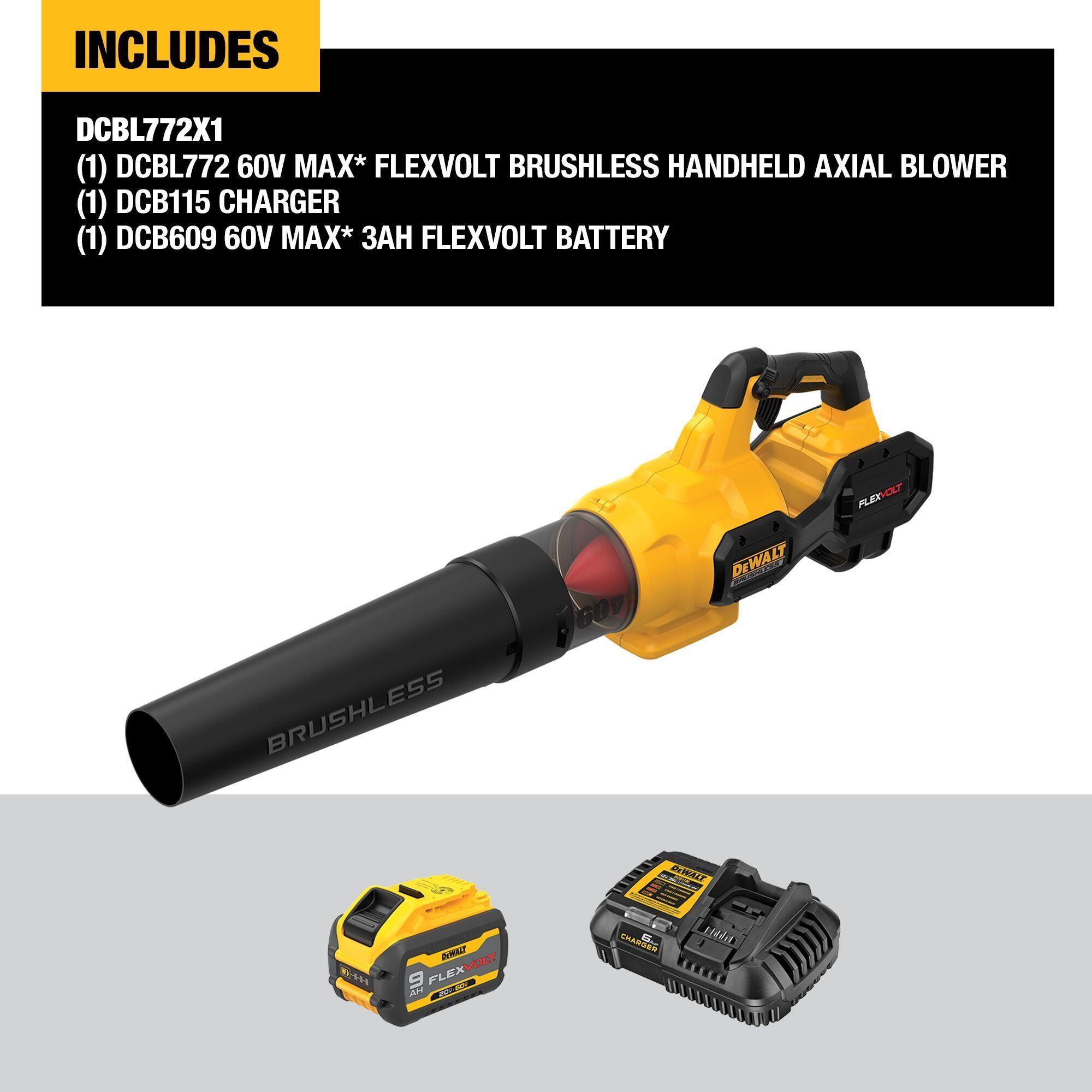 DEWALT 60V MAX FLEXVOLT Brushless Handheld Axial Blower — 600 CFM, 125 MPH, Model# DCBL772X1